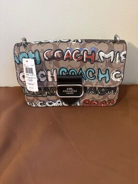 Coach Tan Signature Graffiti Crossbody with Black Trim and Multicolor Accents